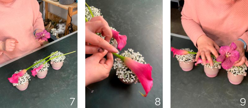 Collage med procesbilleder. Hænder der arbejder videre med blomster til små dekorationer