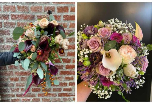 To forskellige brudebuketter bundet af Lenes Blomster.