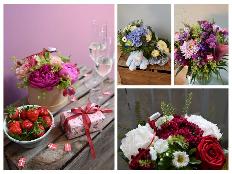 Collage af blomster til forskellige anledninger, student, fødsel og fødselsdags blomster