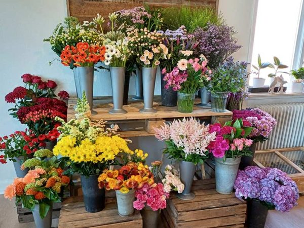 Afskårne blomster i forskellige vaser, placeret i forskellige højder i butikken.