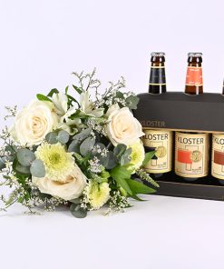 Gavepakke med øl og lys buket