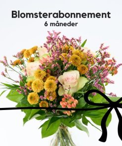 En buket i varme nuancer, hvor der ovenover står "Blomsterabonnement - 6 måneder"