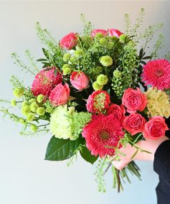 Buket i pink og limegrøn.