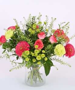 Buket i pink og limegrøn.