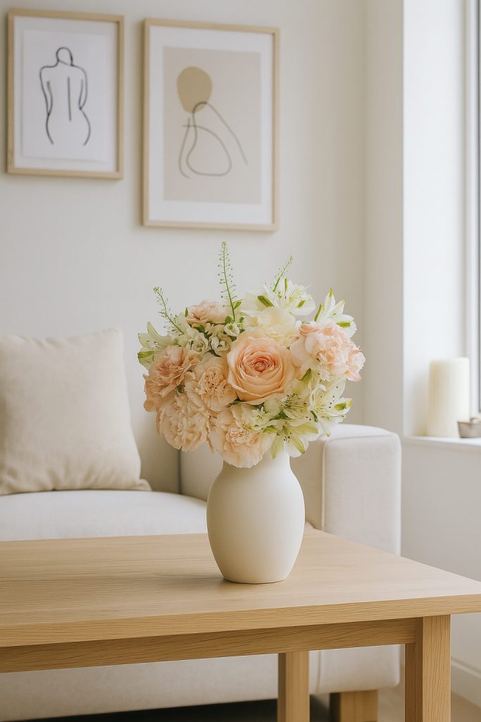 En smuk, lys buket står i en hvid keramikvase på et sofabord i et lyst og venligt hjem.