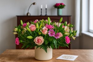 En pink og lyserød buket står på et bord i en stue. Ved siden af buketten i vasen ligger der et kort med en masse stjernetegn på.